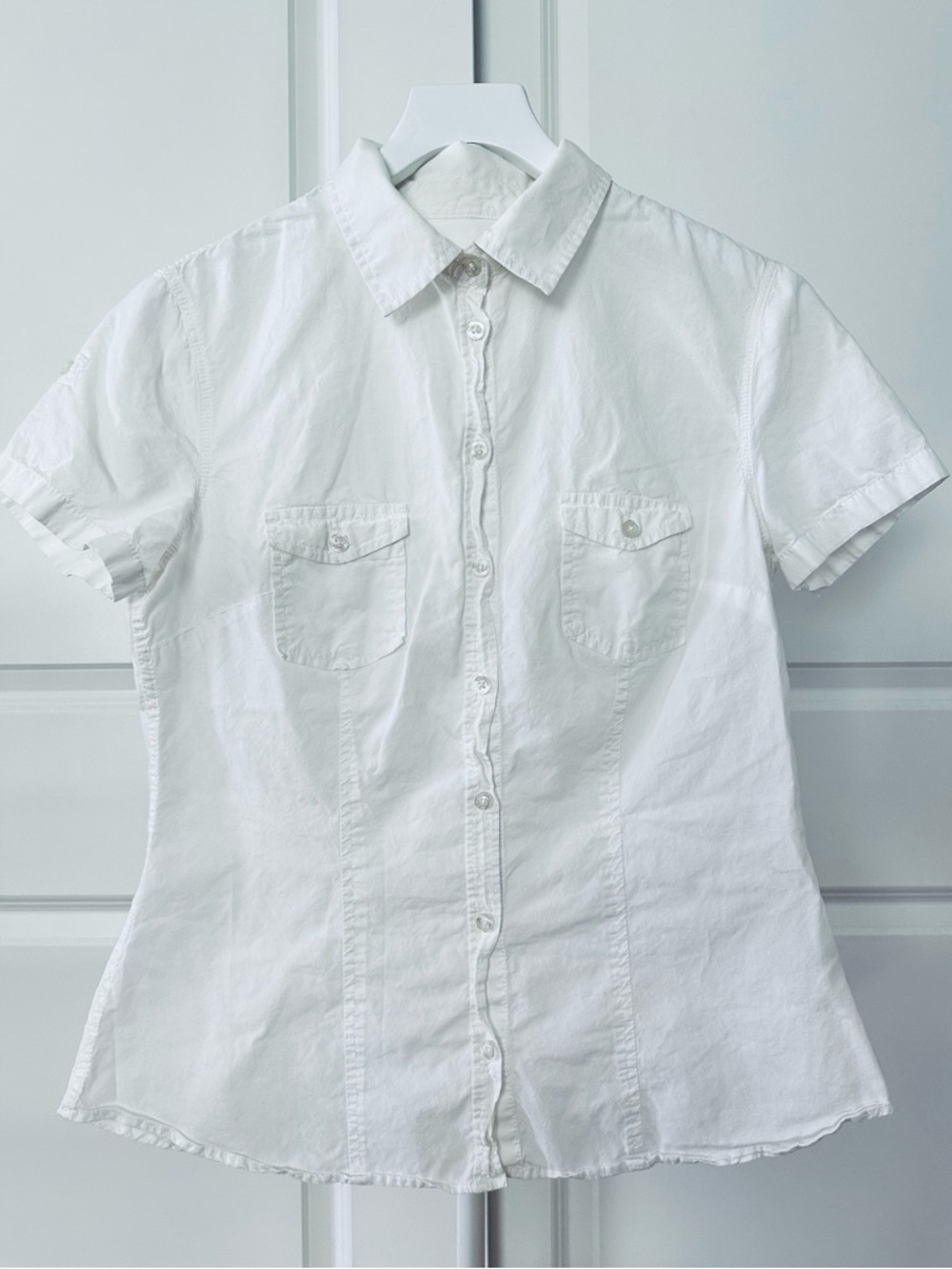 Women’s L.O.G.G. Short Sleeve Soft White Button Down Blouse Size 12 Regular